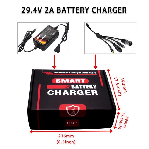 QDD 29.4V 2A Charger for 7S 25.9V Lithium Battery Pack with DC 5.5x2.1mm and Connection Interface Conversion 3P-XLR/ 3P-GX16/1-Prong RCA/DC 5.5x2.5mm