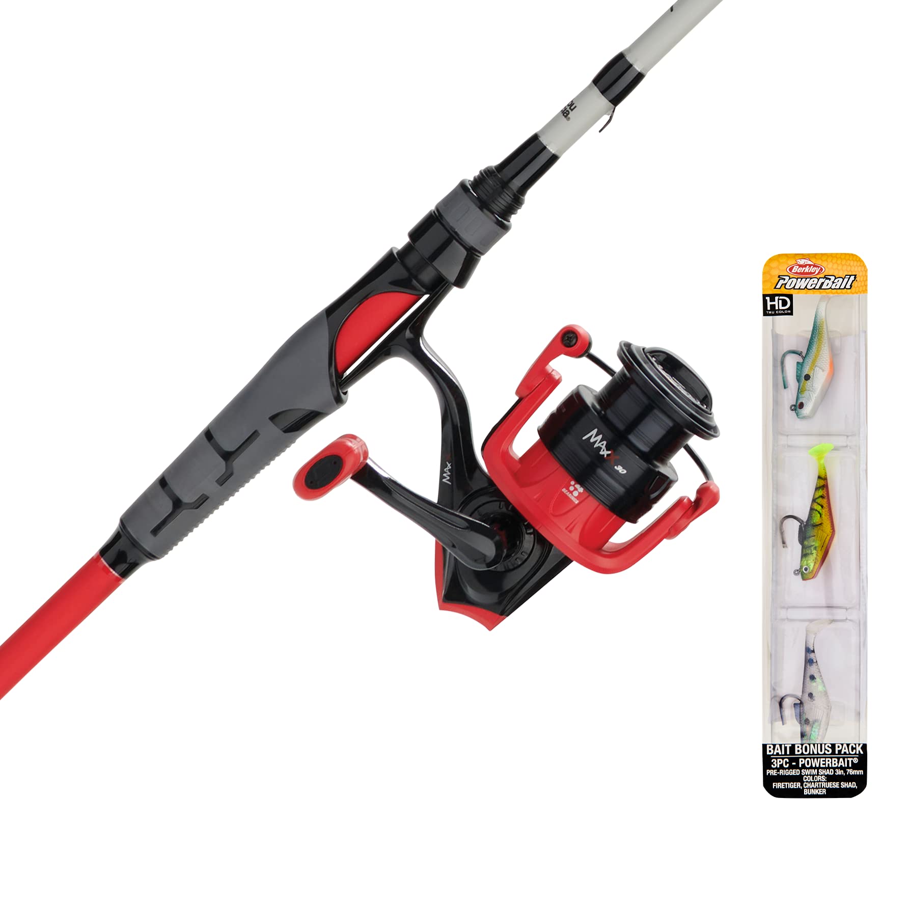Abu Garcia Max X Spinng Reel and Fishing Rod Combo with Berkley PowerBait Swim Shad Soft Bait Clam, Red, 6'6" - Medium - 1pc
