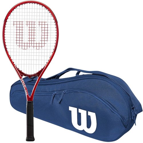 Wilson Federer Pro Staff Precision XL 110 Gloss Red Tennis Racquet in Grip Size 4 3/8" Bundled with a Navy Advantage 2.5 Tennis Bag (Incredible Feel and Control)