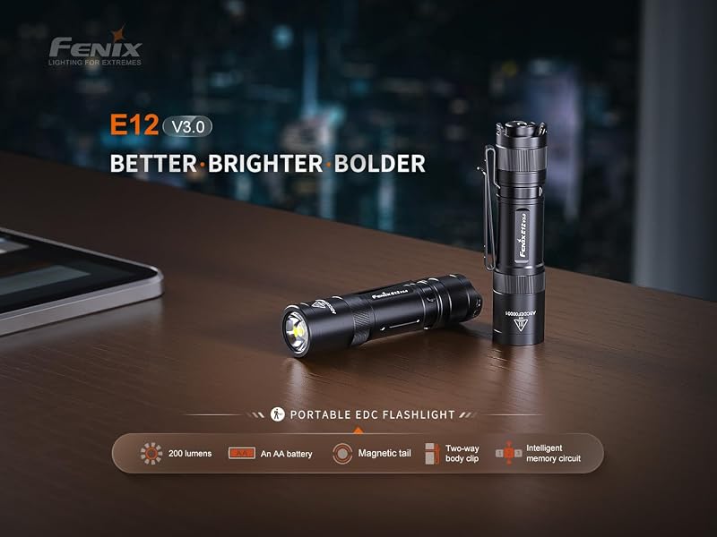 Fenix E12 V3.0 EDC Torch - 200 Lumen AA Powered Penlight with Clip