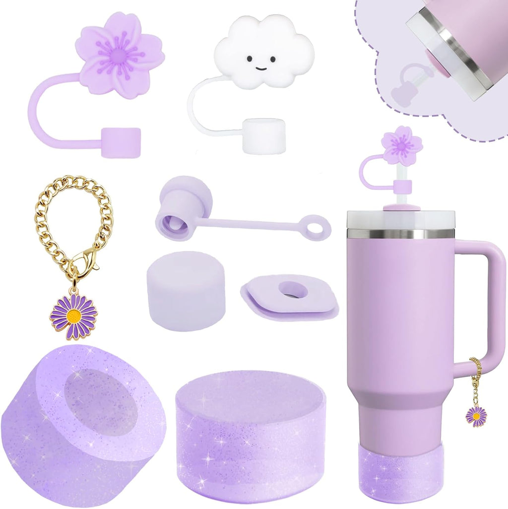 Stanley Cup Accessories Set - 2 Straw Covers, 1 Spill-Proof Stopper & 1 Flower Handle Charm - Purple