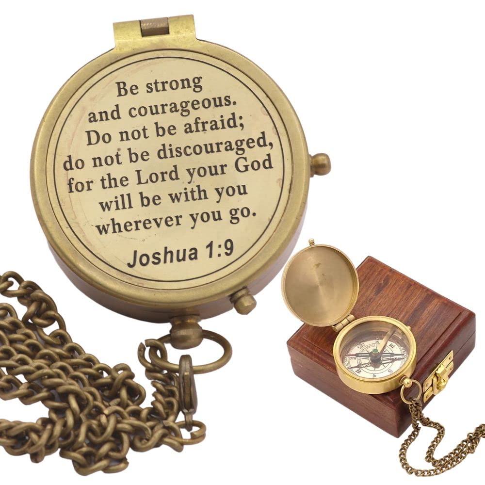 Solid Brass Directional Engraved Compass, Baptism Gifts for Boys Girls, First Communion, Christian Gifts for Men, First Confirmation Gifts for Boys Catholic Gifts, Be Strong and Courageous