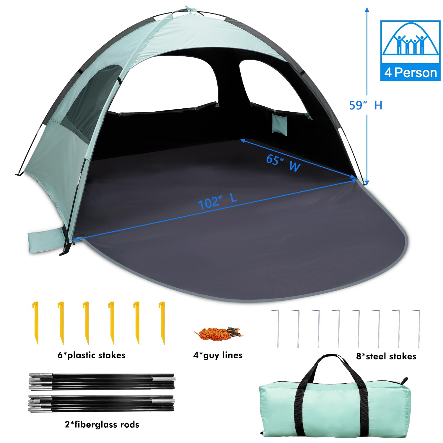 WhiteFang Beach Tent Anti-UV Portable Sun Shade Shelter for 4 Person with Blackout Shelter, Extendable Floor with 3 Ventilating Mesh Windows Plus Carrying Bag, Stakes and Guy Lines (Mint Green)
