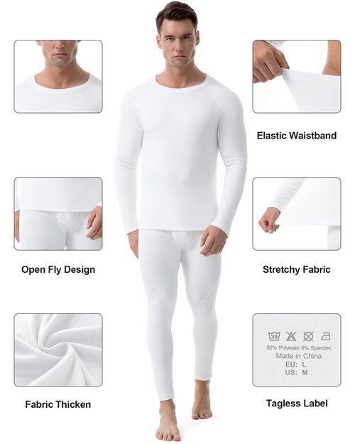 Runhit Long Johns Thermal Underwear for Men Cold Weather Long Underwear Fleece Lined Base Layer Thermal Pants and Shirts Set (Crewneck,White,Large)