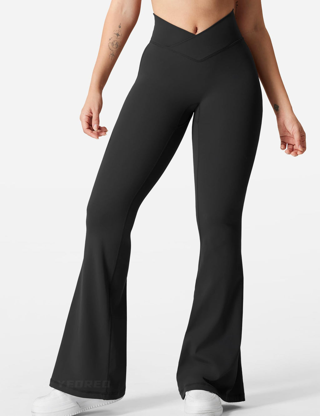 YEOREO Kalie Flare Scrunch Leggings for Women V Cross Waist Bell Bottom Yoga Pants Tummy Control Bootcut Workout Leggings Black XS
