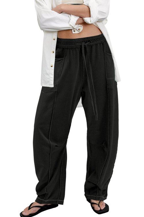 ReachMe Womens Barrel Sweatpants Baggy Wide Leg Sweat Pants Drawstring Travel Pants Summer Vacation Outfits(Black,M)