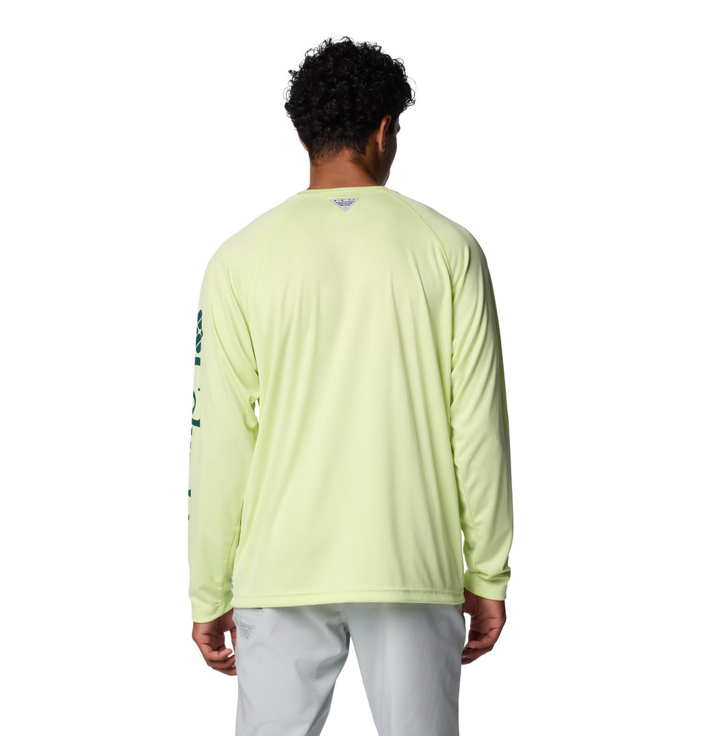 Columbia Men's Terminal Tackle Long Sleeve Shirt, Spring Yellow/Midnight Teal Logo, 3X Tall