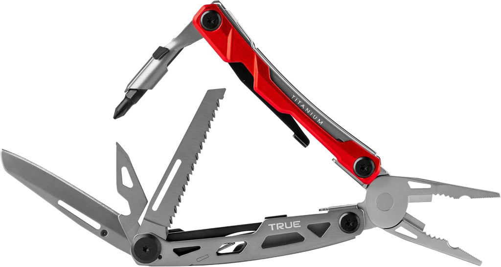 True Utility TI Locking Pocket Multi-Tool - 8-in-1 EDC Tool Kit with Titanium Nitride Frame | Silver/Red