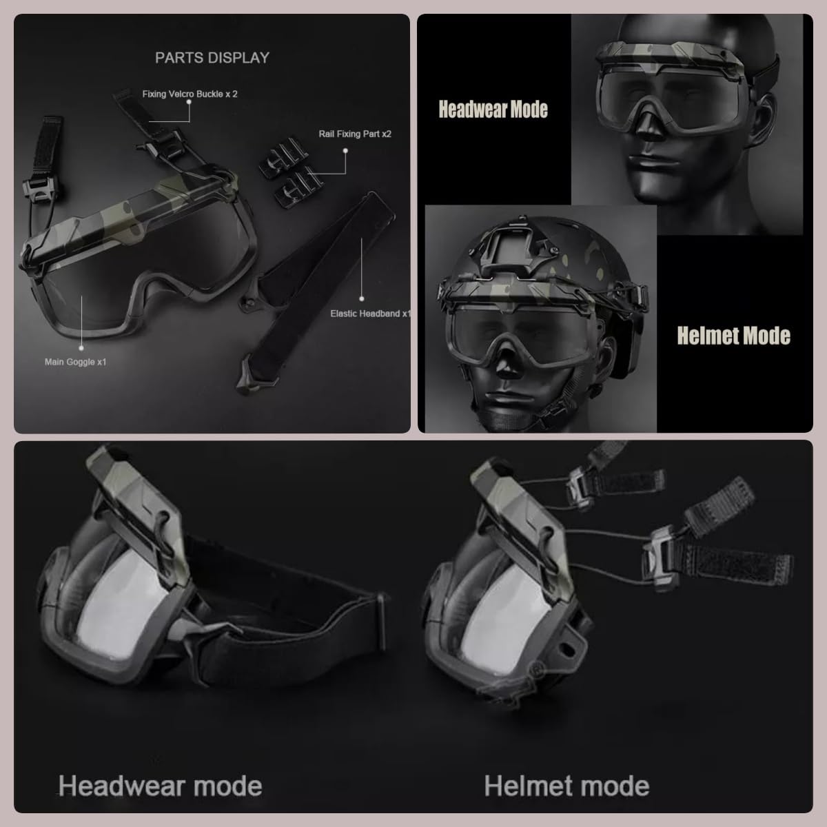 V3COOGOGEAR Tactical Split Two Modes Goggles Compatible with Airsoft Fast Helmet Paintball Hunting Field Outdoor (MCBK)