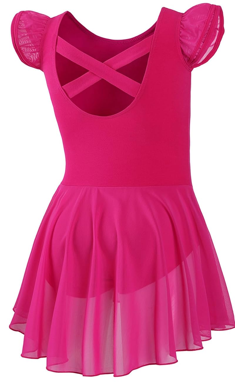 DIPUG Girls Ballet Leotard with Skirt - Flutter Sleeve, Criss-Cross Back, 4-6 Years - Rose