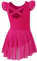 DIPUG Girls Ballet Leotard with Skirt - Flutter Sleeve, Criss-Cross Back, 4-6 Years - Rose