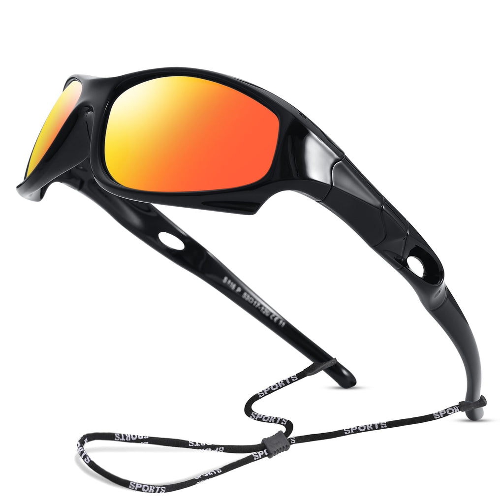 LIU·WEN Kids Sports Polarized Sunglasses - Flexible Youth Baseball Beach Sun Glass With Strap for Boys Girls Age 4-12(Black/Orange Mirrored)