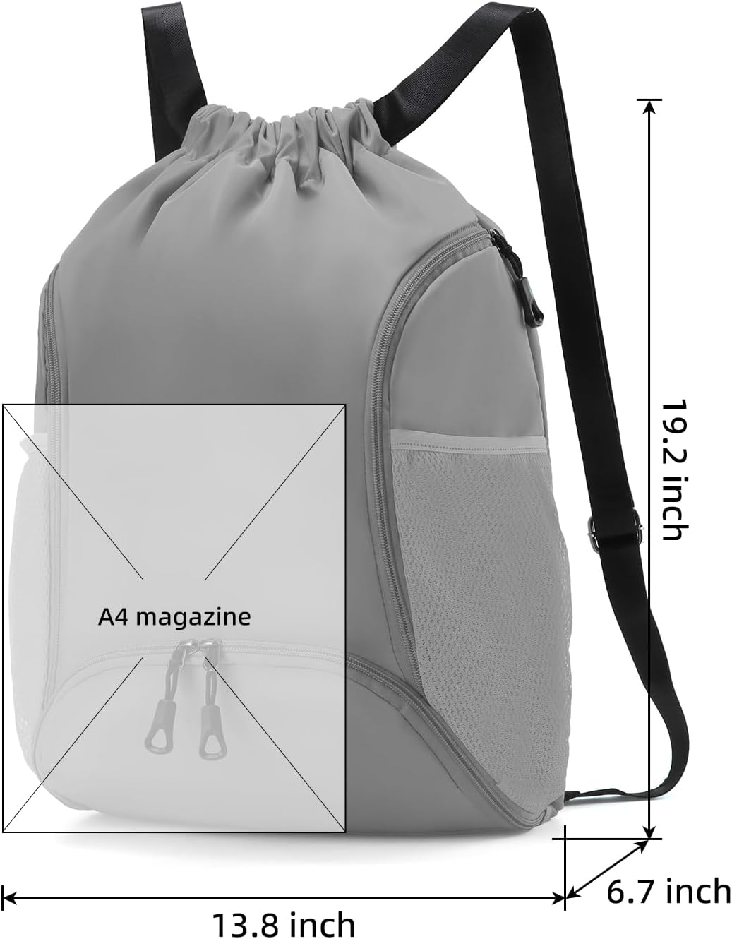 Valleycomfy Sports Gym Bag - Drawstring Backpack with Shoe Compartment & Two Water Bottle Holders | Grey