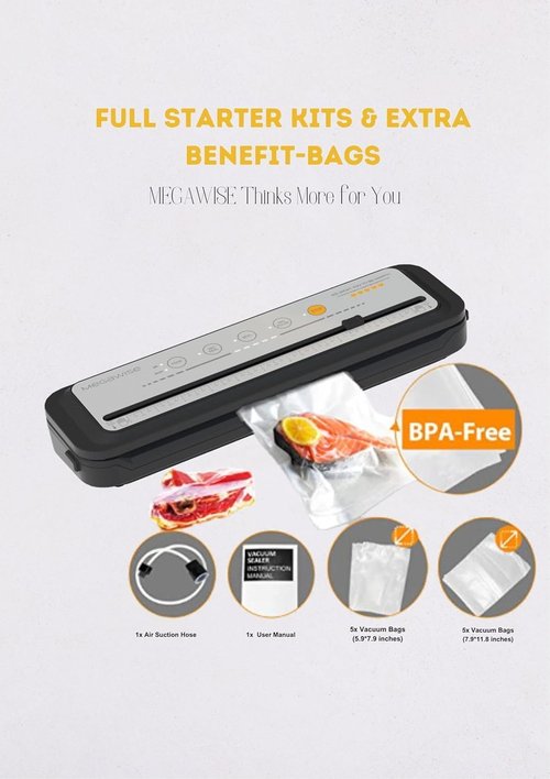 MEGAWISE Vacuum Sealer Machine 2025 - Powerful One-Touch Automatic Design | Seals in 10-20 Seconds | Includes 10 Vacuum Bags & Built-in Cutter