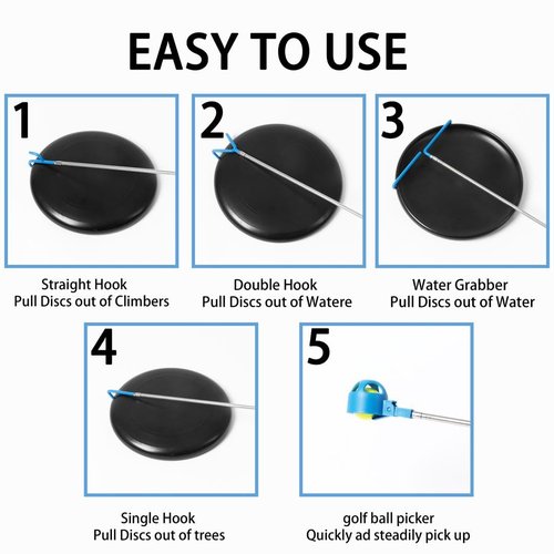 MD 5 in 1 Extendable Disc Golf Retriever (16FT) Telescopic Disc Golf Retriever-Disc Retriever with Stainless Steel Frame Multiple Hooks & Carry Bag-Disc Golf Retriever Pole for Tree Bushes & water