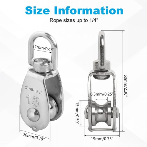 Mixiflor 12 Pack M15 Pulleys for Rope, 304 Stainless Steel Wire Rope Cable Pulley, Heavy Duty Swivel Pulley Wheel Hanging Wire Towing Wheel for Lifting