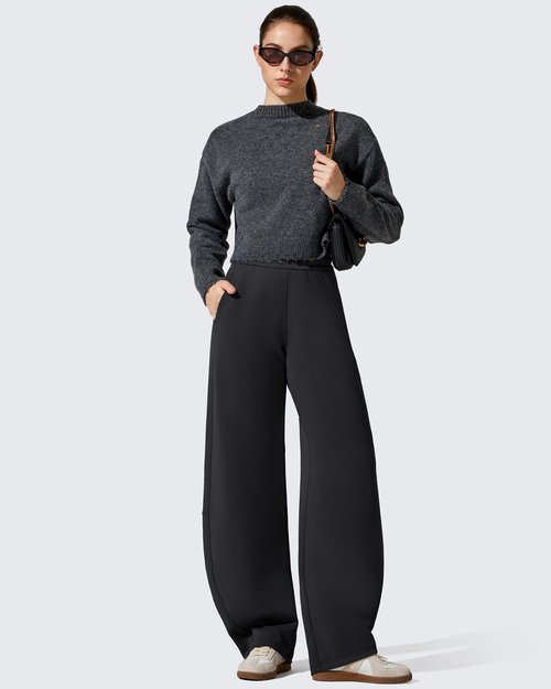 G4Free Fleece Sweatpants Women Barrel Wide Leg Pants Elastic Waist Stretch Winter Thermal Track Pants Travel Casual Lounge Trousers(Black,M,Petite)