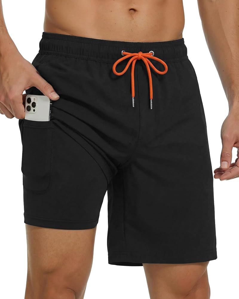 Justay 2 in 1 Men's Swim Trunks 7 Inch with Pockets Dark Black + Medium