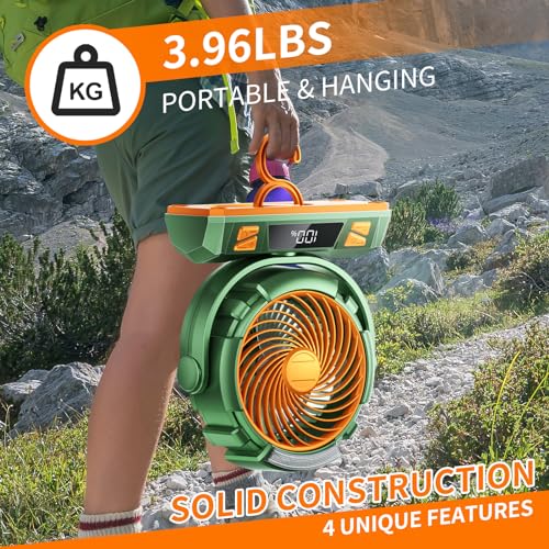 Camping LED Fan with Light 40000mAh Rechargeable Battery & Hook - Green M23