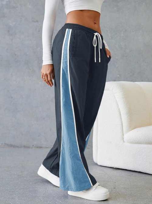 Fisoew Women's Baggy Wide Leg Track Pants Casual Drawstring Elastic Waisted Color Block Workout Y2K Active Pants Navy