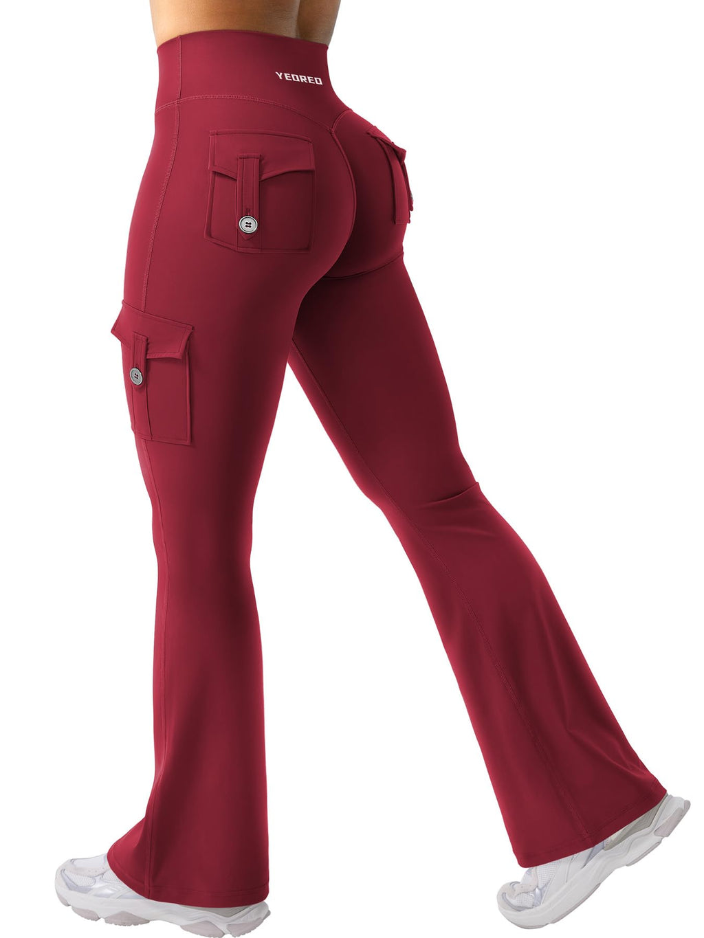 YEOREO CoreFlex Women Workout Flare Leggings with Pockets Scrunch Cargo Gym Yoga Leggings Wine XL