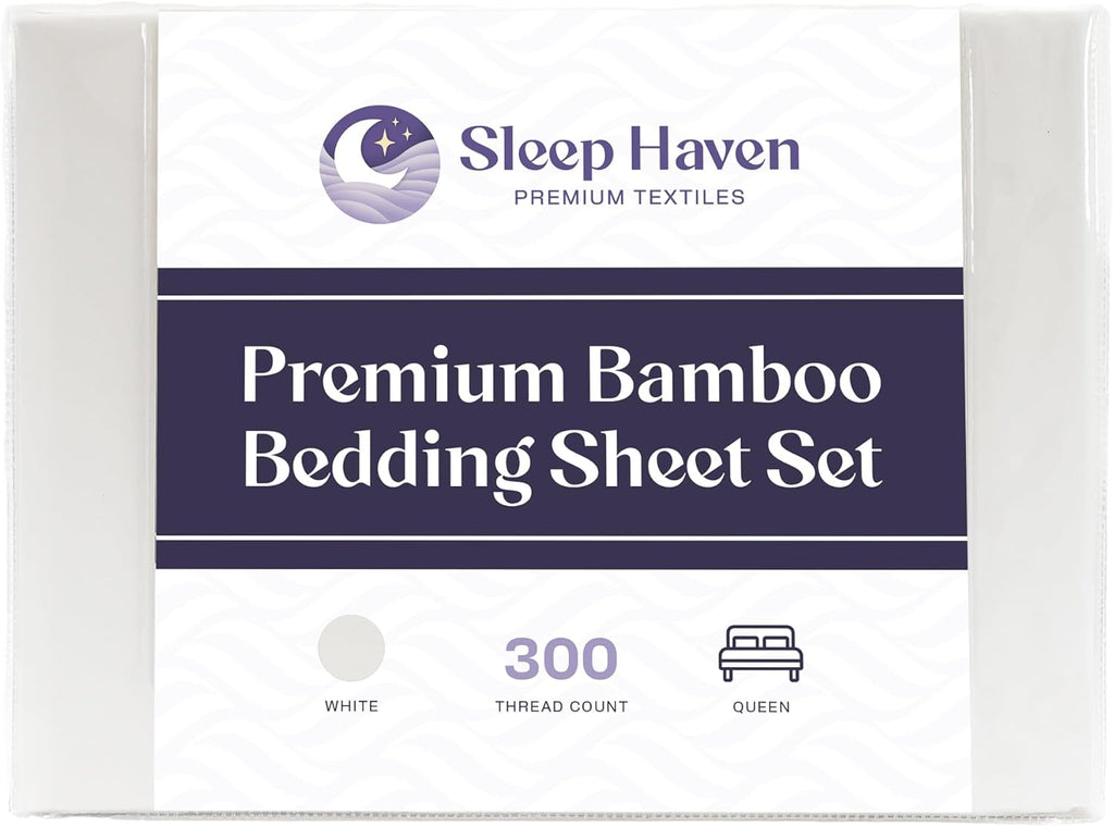 Sleep Haven 300 Thread Count Viscose Bamboo Sheets - Cooling Sateen Weave Set, 18" Deep Pocket, Queen (White)