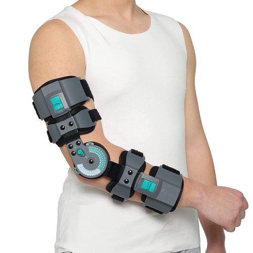 DOUKOM Hinged Post Op Elbow Brace, Adjustable Range of Motion Support Stabilizer for Dislocated Arm, Post Tendon Injury & Surgery Pain Relief Recovery, Right