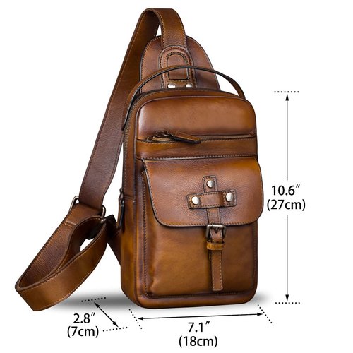 IVTG Genuine Leather Sling Bag Chest Shoulder Fanny Bag Hiking Backpack Vintage Handmade Crossbody Daypack (Brown)