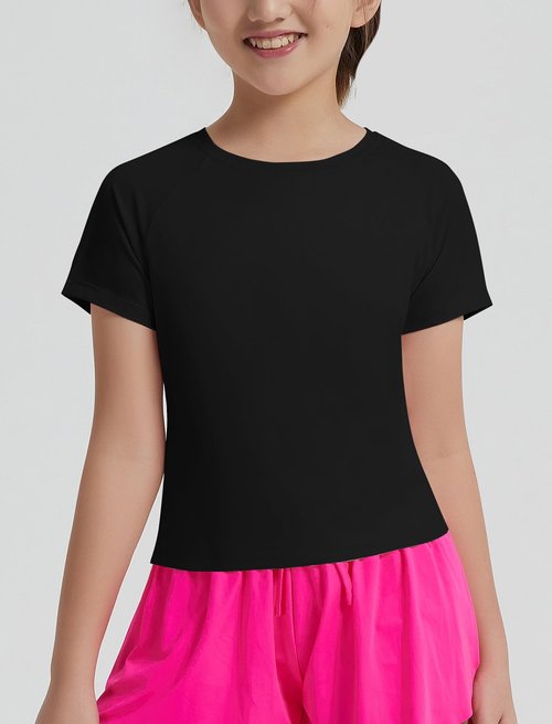 EXARUS Girls Athletic Shirts Workout Split Back Teen T Shirt Quick Dry Activewear Short Sleeve Regular Fit Tees Casual Summer Kids Set 12Y