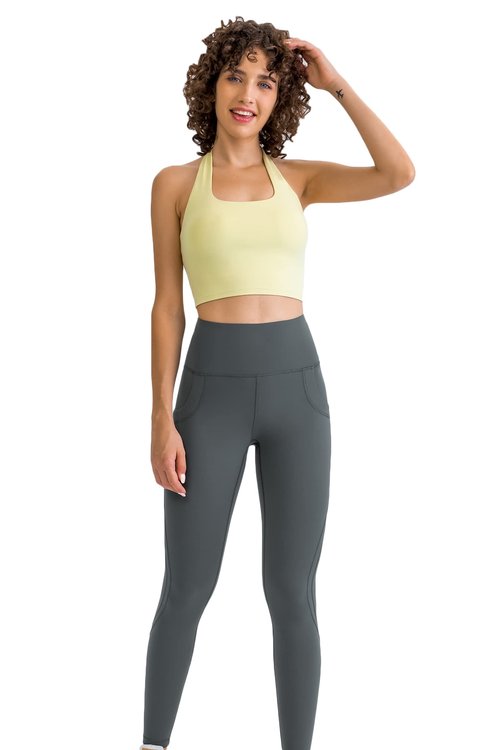 Lemedy Halter Backless Crop Tank Top Wirefree Built in Shelf Sports Bra (Yellow Green, XL)