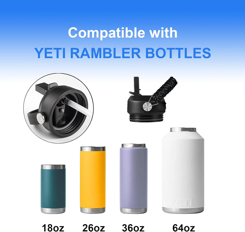 Yeti Rambler Straw Lid - Leak-Proof Replacement Cap with Straws & Paracord Handle | Fits 18-64 oz Bottles & Kids Jr 12 oz Cup | Black