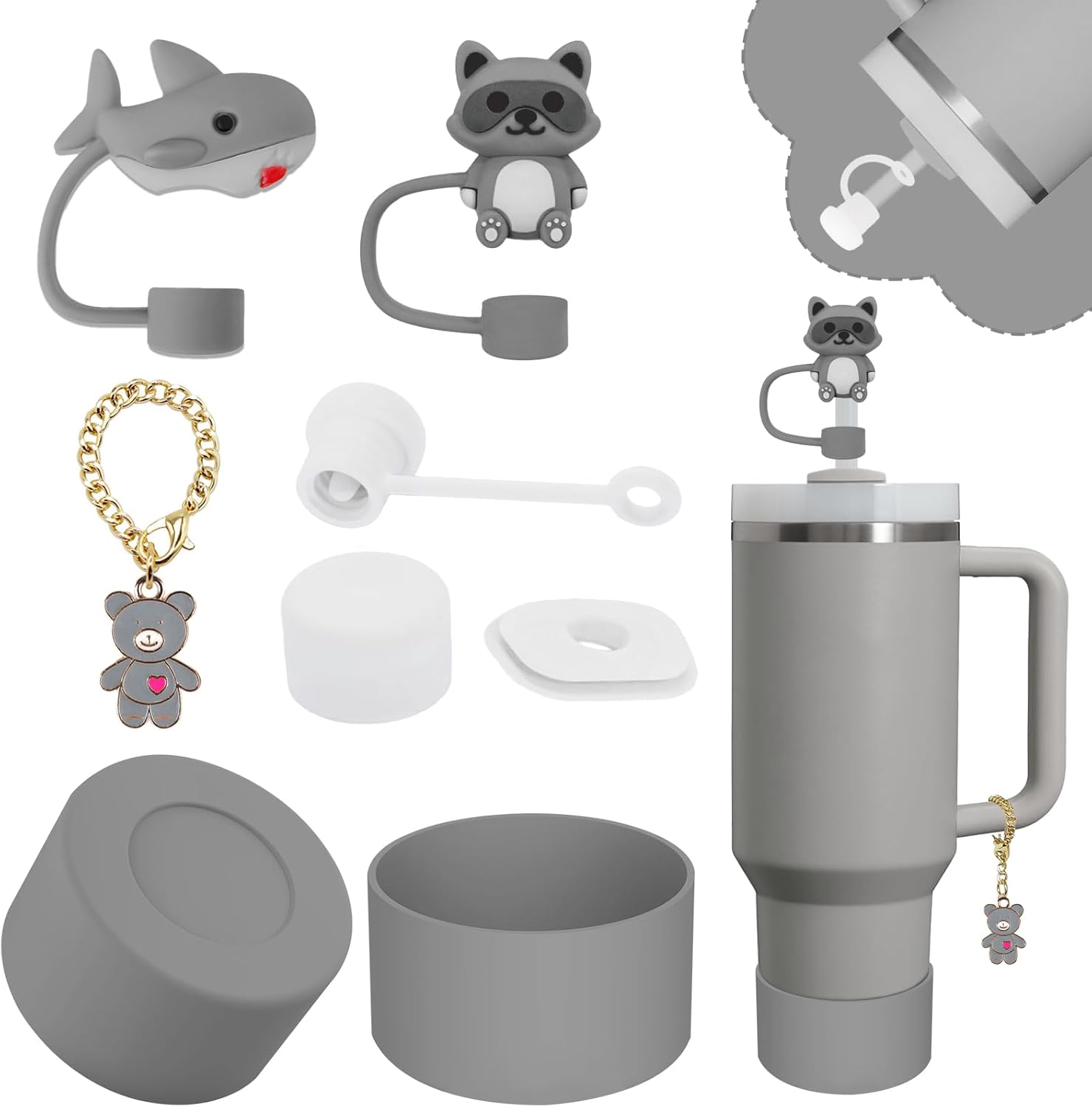 Stanley Cup Accessories Set - 2 Straw Covers, Silicone Stopper & Handle Charm | Fits 30 & 40 Oz Tumblers (Grey)