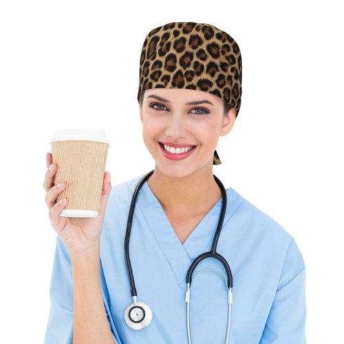 Cheetah Working Cap, Leopard Print Scrub Cap with Sweatband, Adjustable Tie Back Hat Breathable Headgear for Women/Men