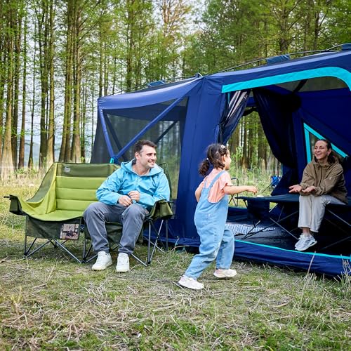 Heavy Duty Outdoor Folding Camping Loveseat with Cup Holders - Green