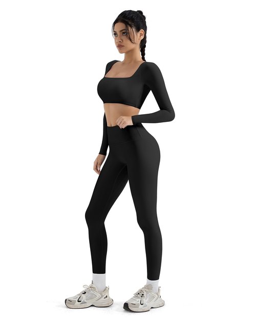 SUUKSESS Women 2 Piece Workout Sets Compression Yoga Pants with Pockets Long Sleeve Square Neck Padded Sports Bra Tummy Control Leggings (Black, M)