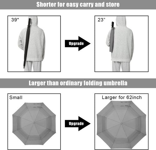G4Free 62-Inch Portable Golf Umbrella - Large Oversized Double Canopy, Windproof & Waterproof (Gray)