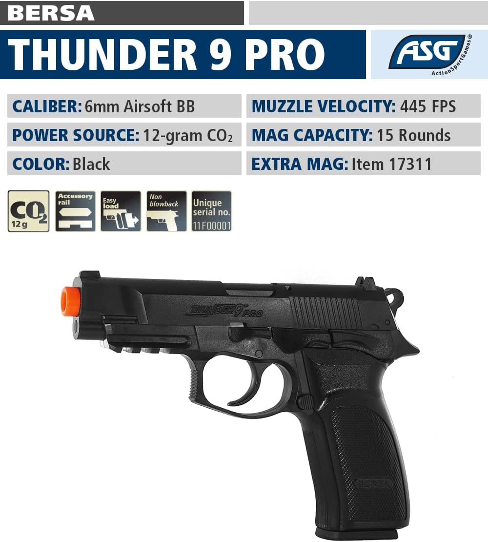 ASG BERSA Thunder 9 Pro CO2 Airsoft Pistol - Black 6mm Semi-Automatic with Picatinny Rail & 19-Round Magazine