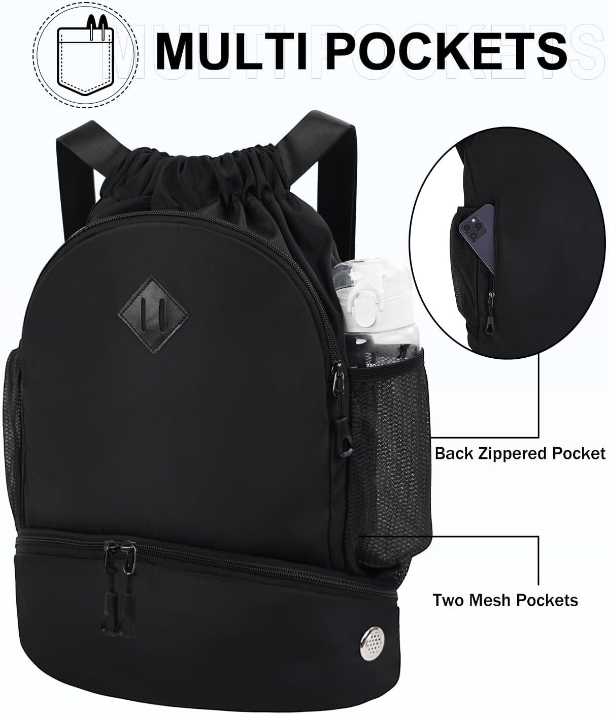 RHDZO Drawstring Backpack - Gym Bag with Shoe Compartment & Wet Pocket | Black
