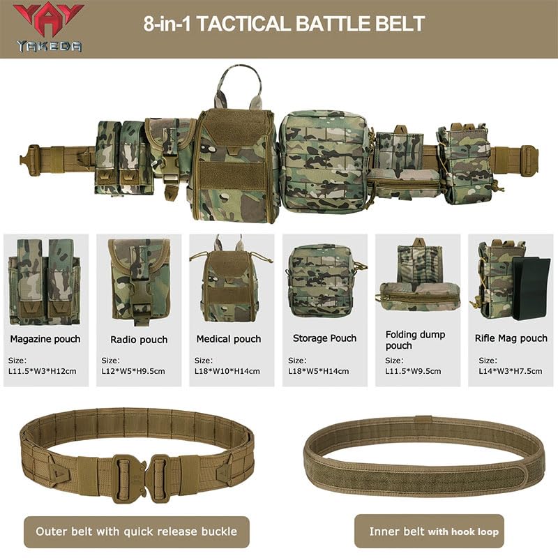 YAKEDA Tactical Battle Belt 8-in-1 Molle Hunting Belt with Pouches - Camou