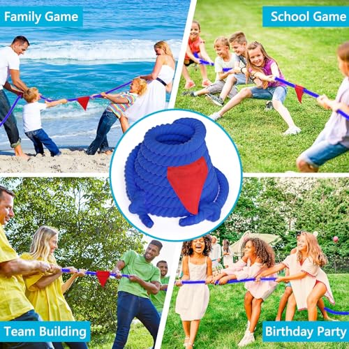 Kids & Adult Tug of War Rope 25FT with Flag, Durable Outdoor Play Equipment - Blue