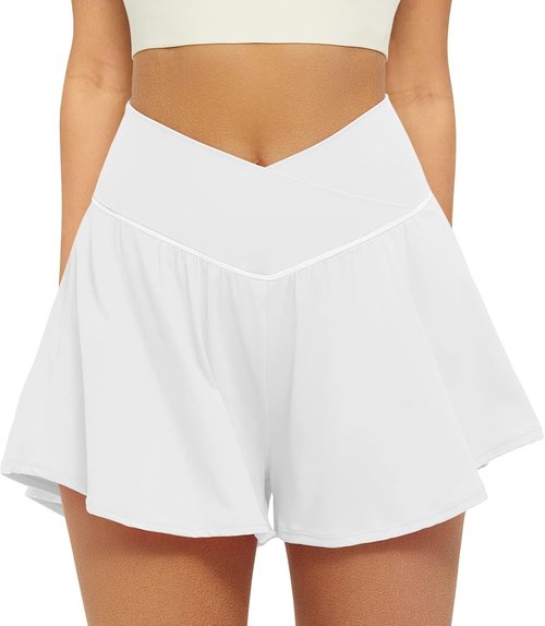 FireSwan Women's Crossover Athletic Shorts - 2 in 1 Flowy Running Shorts with Pockets | Spandex Butterfly Skorts