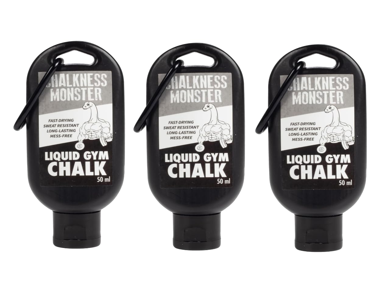 Liquid Gym Chalk - Mess-Free - 3 Pack Premium Sweat Resistant, Long Lasting Grip - Quick Dry Improved Hand Grip for Gymnastics, Rock Climbing, Power Lifting and More - Chalkness Monster 50 mL Bottles