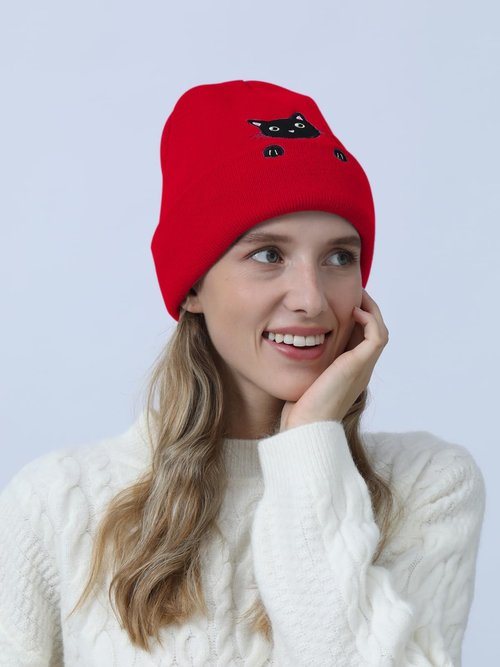 Women’s Cat Beanie Cute Cat Lover Valentines Gifts Animal Knitted Hats for Women Girls (Red)
