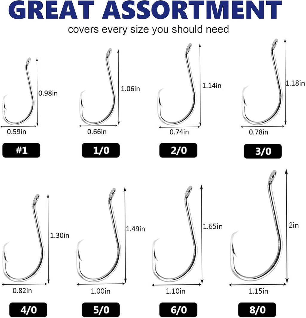UCEC Circle Hooks - 2X Strong Offset Fishing Hooks for Saltwater | High Carbon Steel, 150/240pcs, Sizes #1-8/0