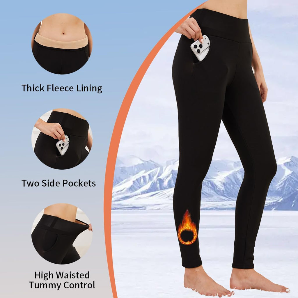 Skiennix Women's Fleece Lined Leggings - Thermal High Waisted Tummy Control Yoga Pants with Pockets