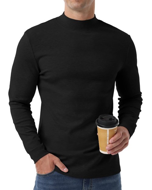 Askdeer Men's T-Shirts Cotton Mock Turtleneck Long Sleeve Shirts Lightweight Thermal Pullover Sweaters Black