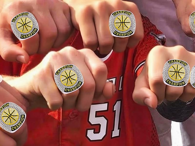 Gold 12 Pcs Basketball Championship Rings with Chains & Display Stand - Tournament Award Trophy Gift