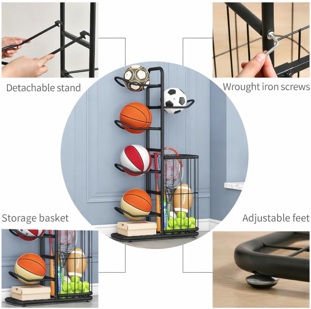Skiennix Multi-Function Sports Equipment Storage Rack - Adjustable & Durable 5-Tier Black Organizer with Basket