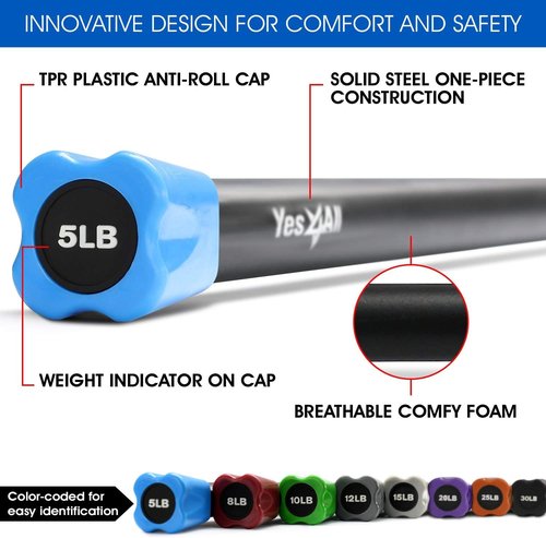 Yes4All Total Body Workout Weighted Pilates Bar, Body Bar For Exercise, Therapy, Aerobics, and Yoga, Strength Training, 5lbs