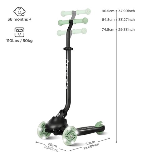 QPlay Toddler Scooter Ages 1 to 6 | Up to 110 Lbs | Kick Scooter with Adjustable Push Handle Height, Lights on Deck & 3 Wheels, Kids Ages 2 to 5 Boys & Girls Gifts (Violet) (Green)
